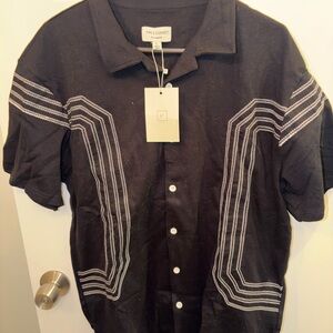 Black Short-Sleeve Button-Up Shirt with White Stitching